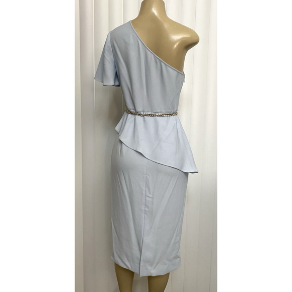 NWT Ted Baker Dress One Shoulder Baby Blue Peplum Sheath Chain Belt Midi 2 S 4 6 - Picture 3 of 10